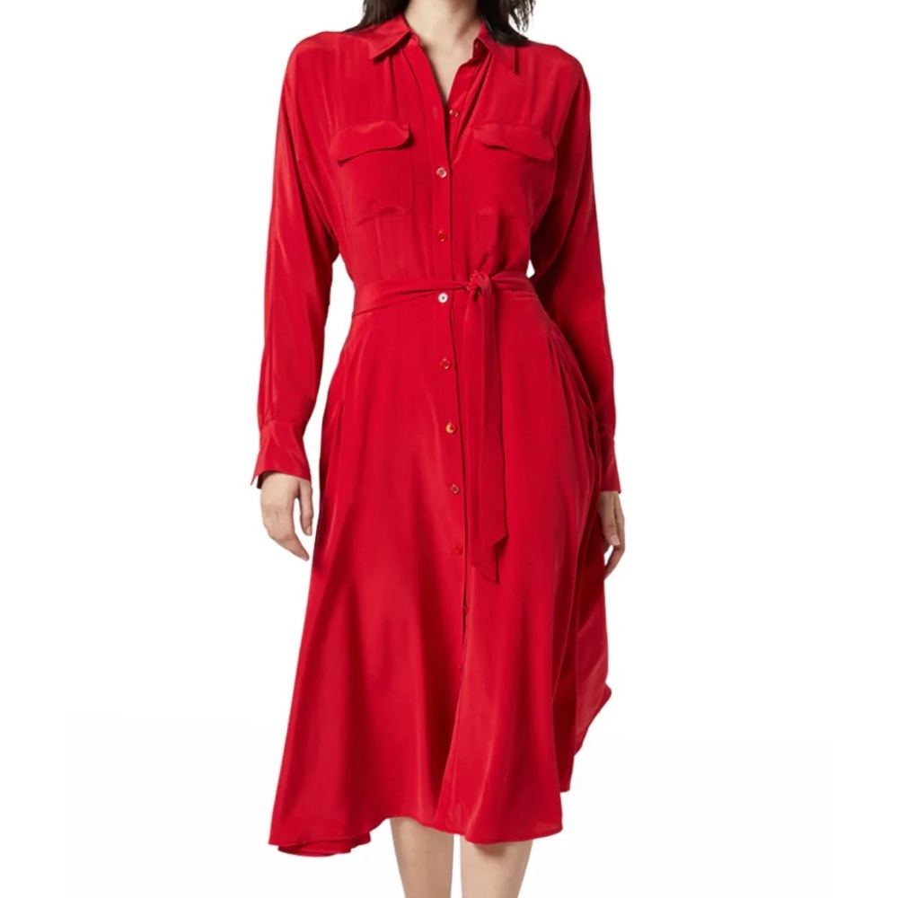 Red Silk Shirt MIDI Dress.